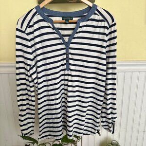 Lauren Jeans Co. Ralph Lauren Womens Striped Henley Long Sleeve Top Navy & White